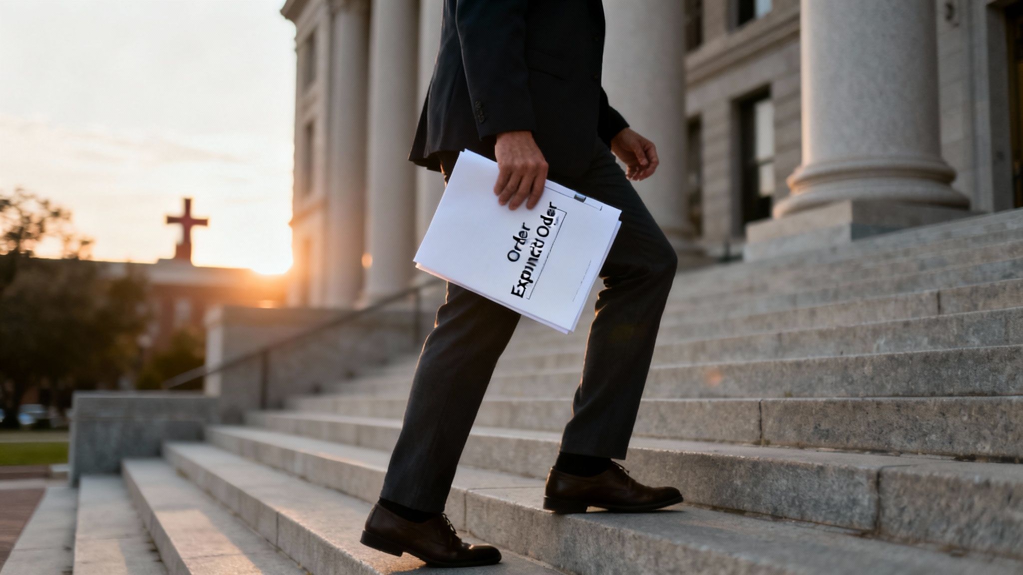 Attorney in suit carrying expungement folder walking up courthouse steps at sunset