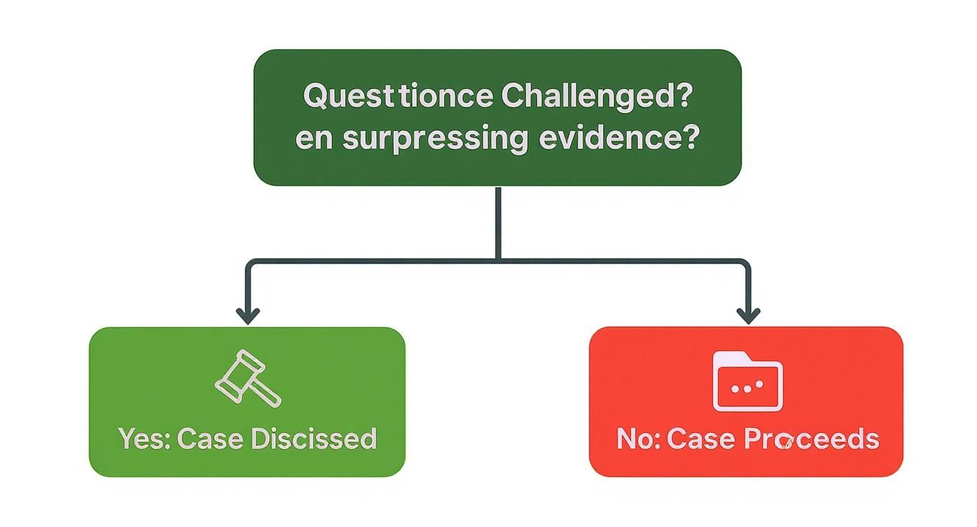 Flowchart showing legal decision process when evidence is challenged leading to case dismissal or proceeding