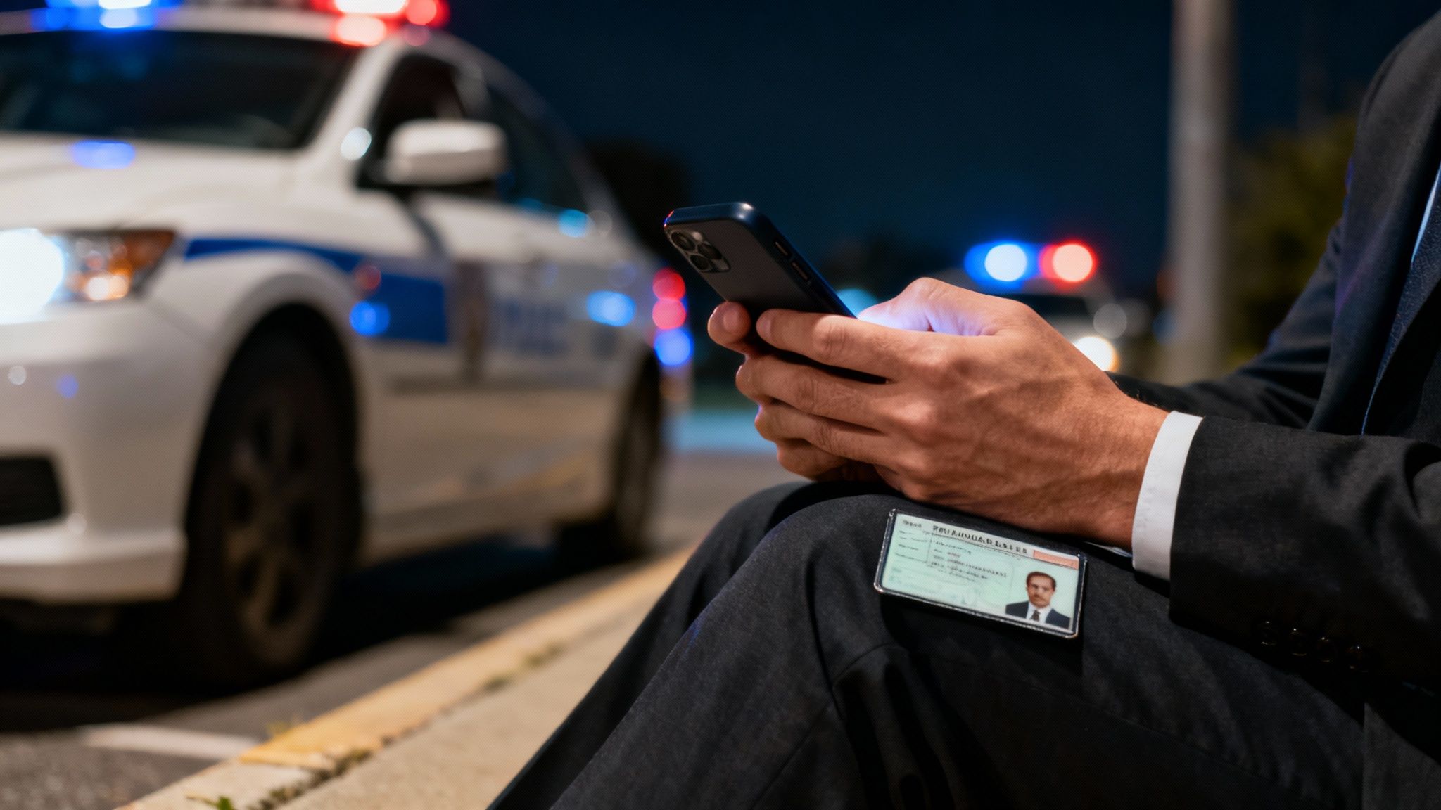 Person in a suit sitting on the curb, holding a smartphone and a driver's license, with a police car in the background, illustrating the aftermath of a DWI arrest in Texas.