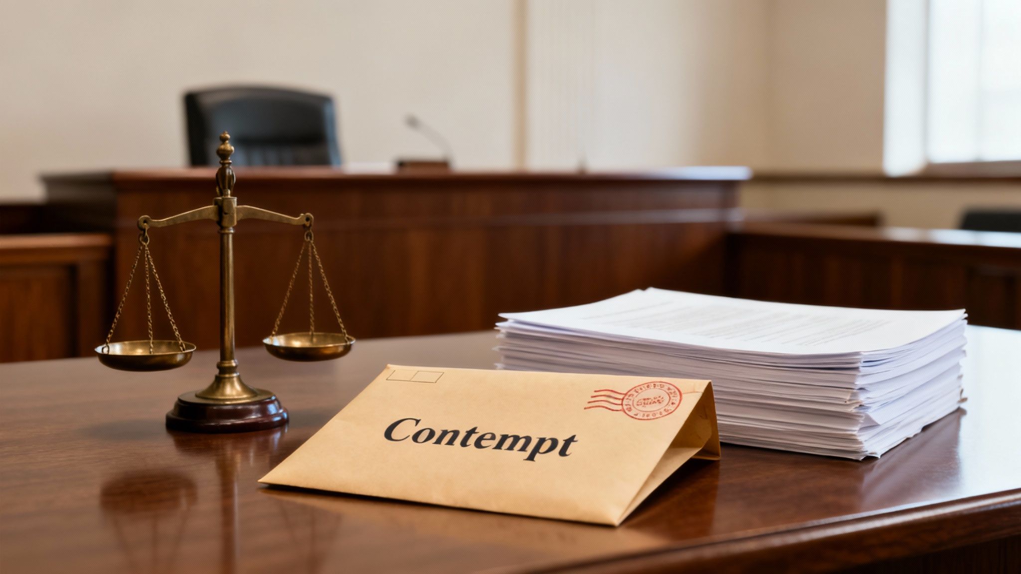 A 'Contempt' envelope, scales of justice, and legal documents on a courtroom desk.
