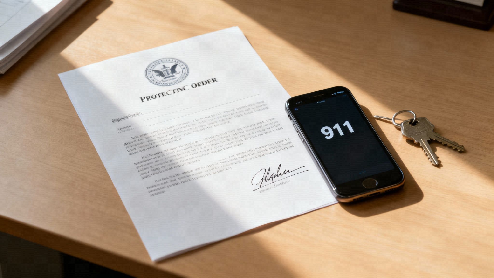 Protective order document on a desk with a smartphone displaying "911" and a set of keys, symbolizing legal protection and emergency response in the context of safety.