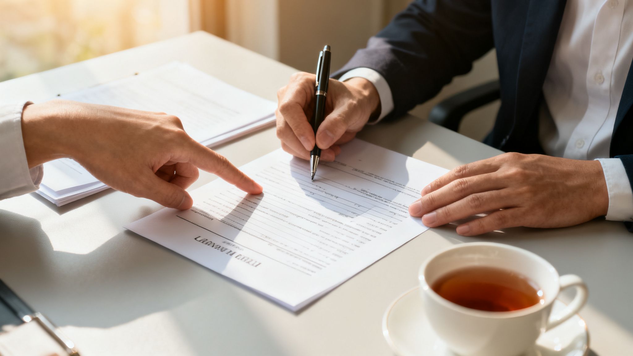 Manos firmando un contrato y señalando secciones, con una taza de té. Acuerdo empresarial.