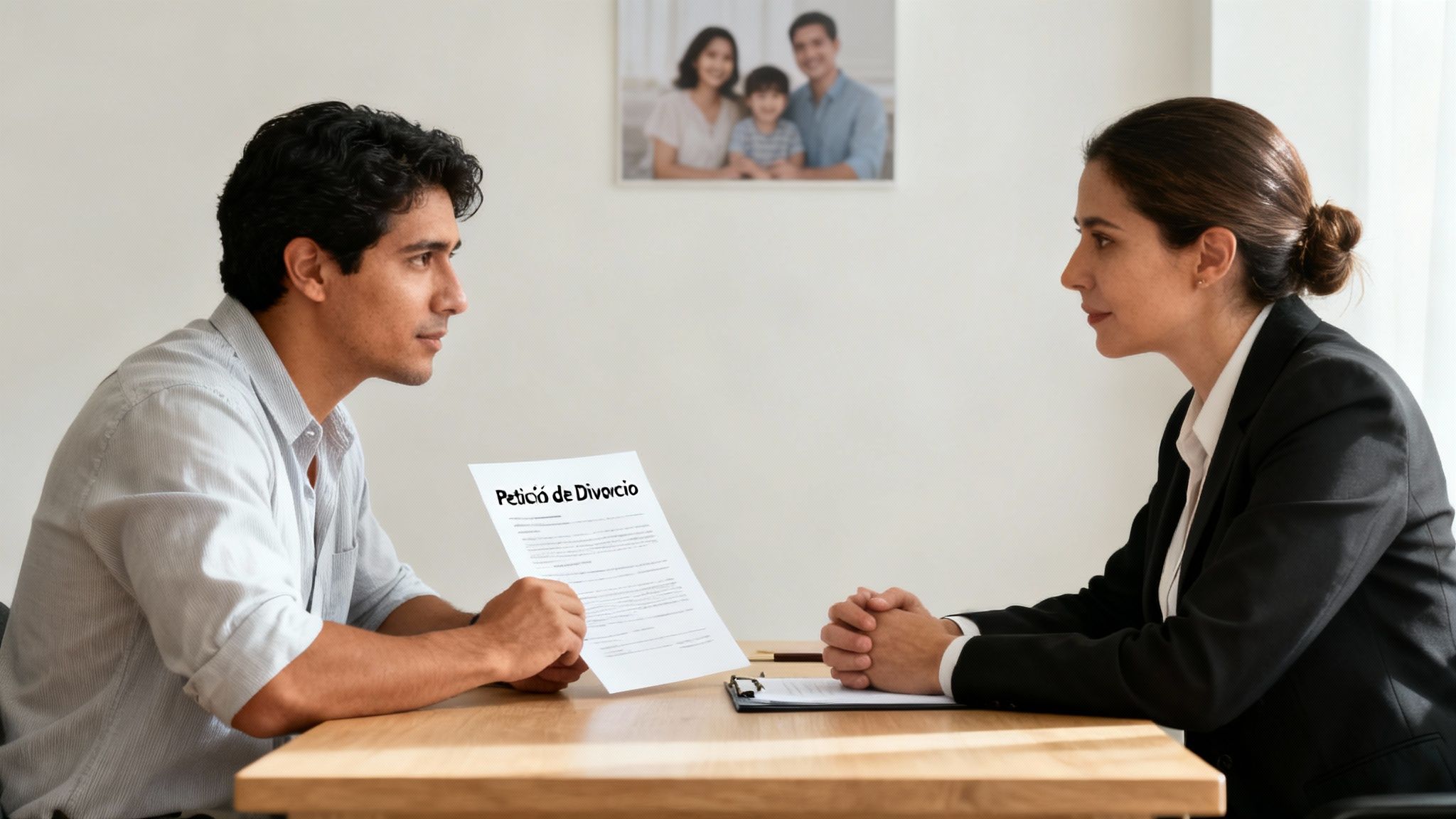 Hombre y mujer en reunión, él sostiene documento de petición de divorcio, ella escucha atentamente.
