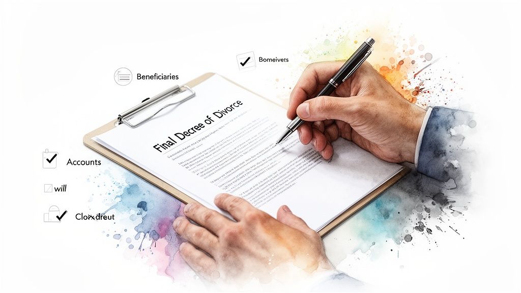 Hands holding a pen signing a Final Decree of Divorce document on a clipboard, with visual elements indicating beneficiaries, accounts, and legal obligations, reflecting the process of finalizing divorce in Texas.