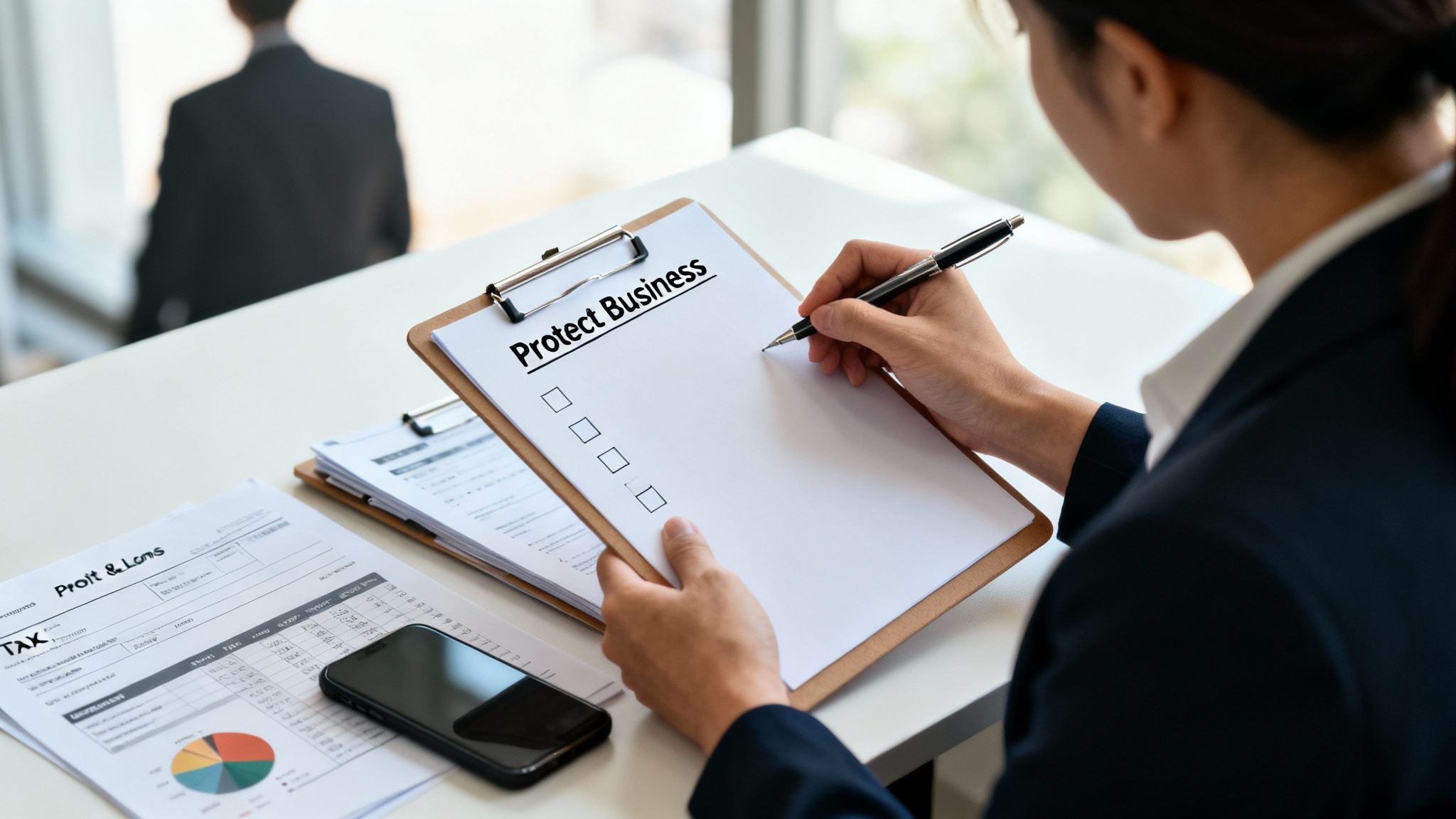 A businesswoman writes on a 'Protect Business' checklist, with financial documents and a phone on the desk.