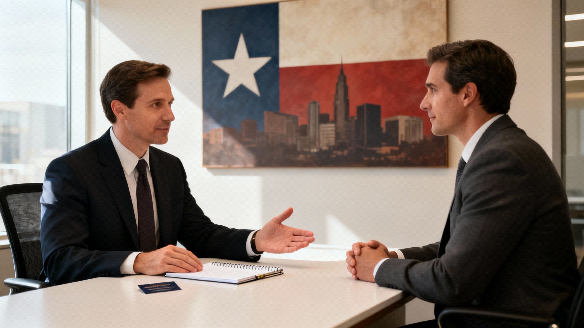 Two businessmen in suits having a formal discussion at a white table, with a Texas flag painting in the background.