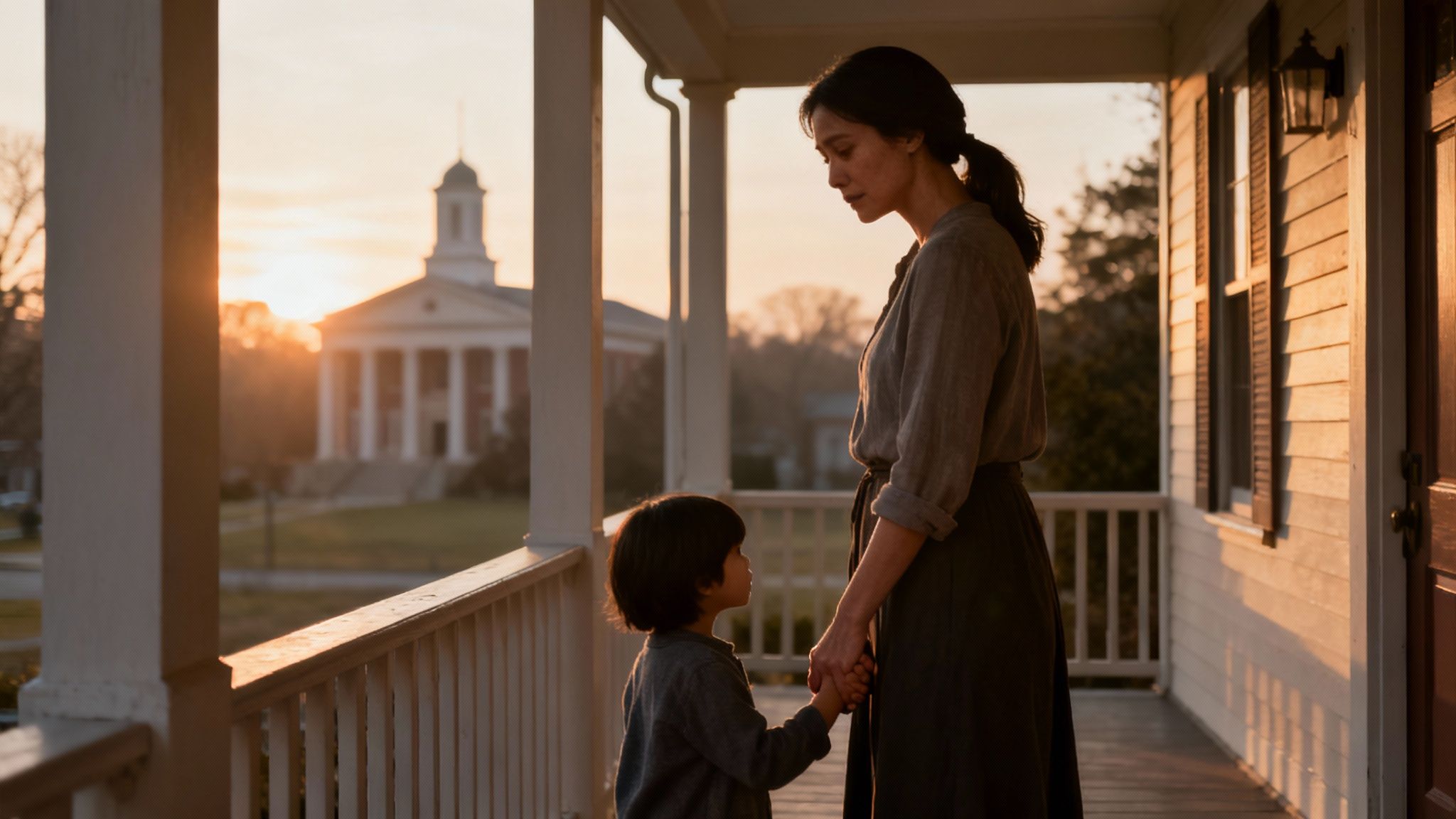 Woman and child standing on a porch, holding hands, with a sunset backdrop and a building in the distance, symbolizing protection and safety in the context of family violence and legal support in Texas.