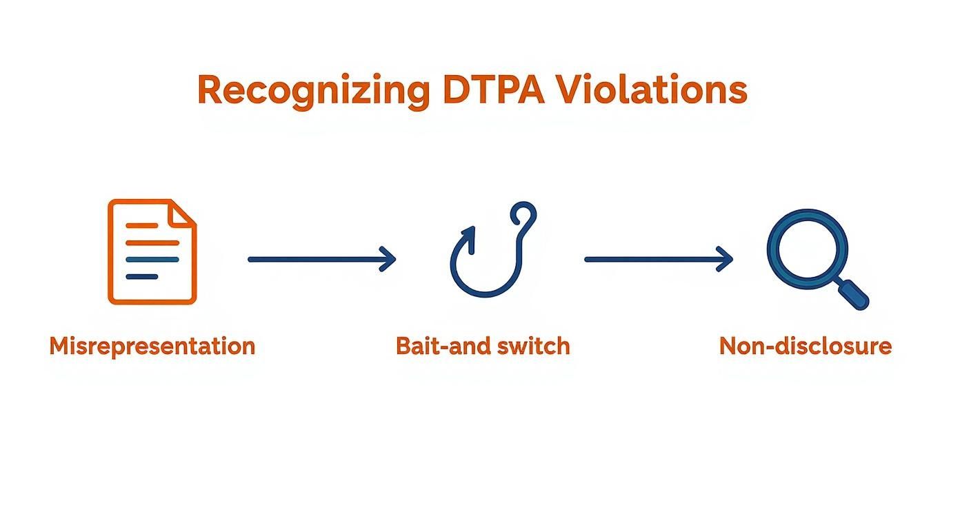 Flowchart illustrating DTPA violations: misrepresentation, bait-and-switch, non-disclosure.