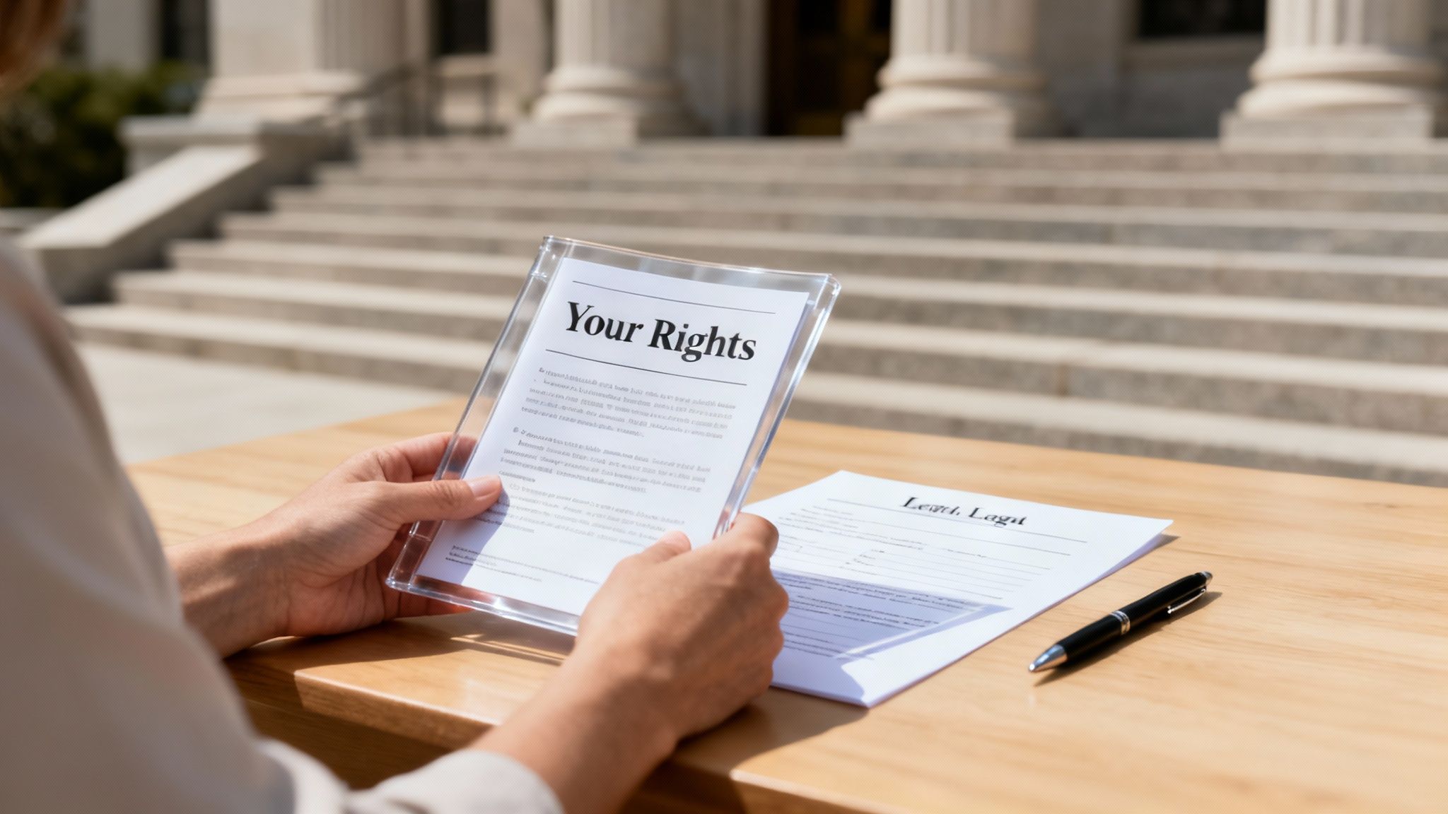 A serene image showing a legal document and a pen on a table, with soft, natural light, symbolizing the thoughtful legal process of adoption.