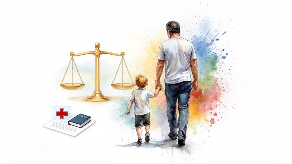 Watercolor illustration of a father and son walking, with scales of justice and legal documents.