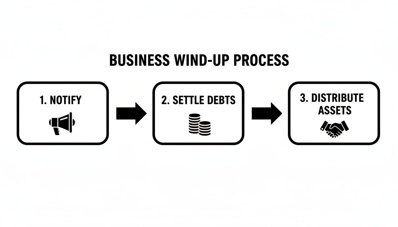 Flowchart depicting the three-step business wind-up process: notify, settle debts, and distribute assets.