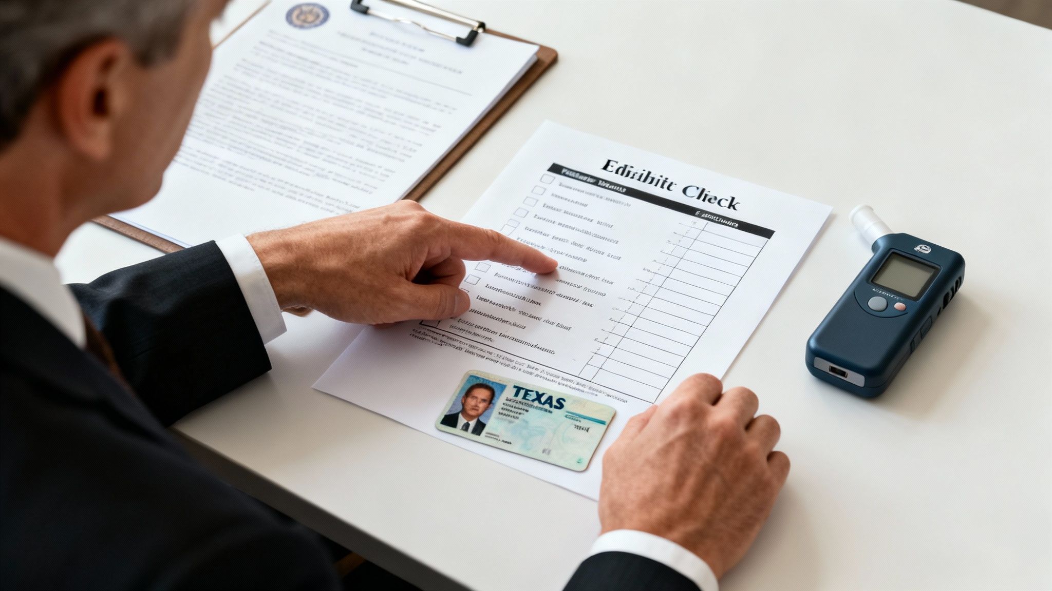 A man in a suit reviews an exhibit check document, a Texas ID, and a breathalyzer on a table.