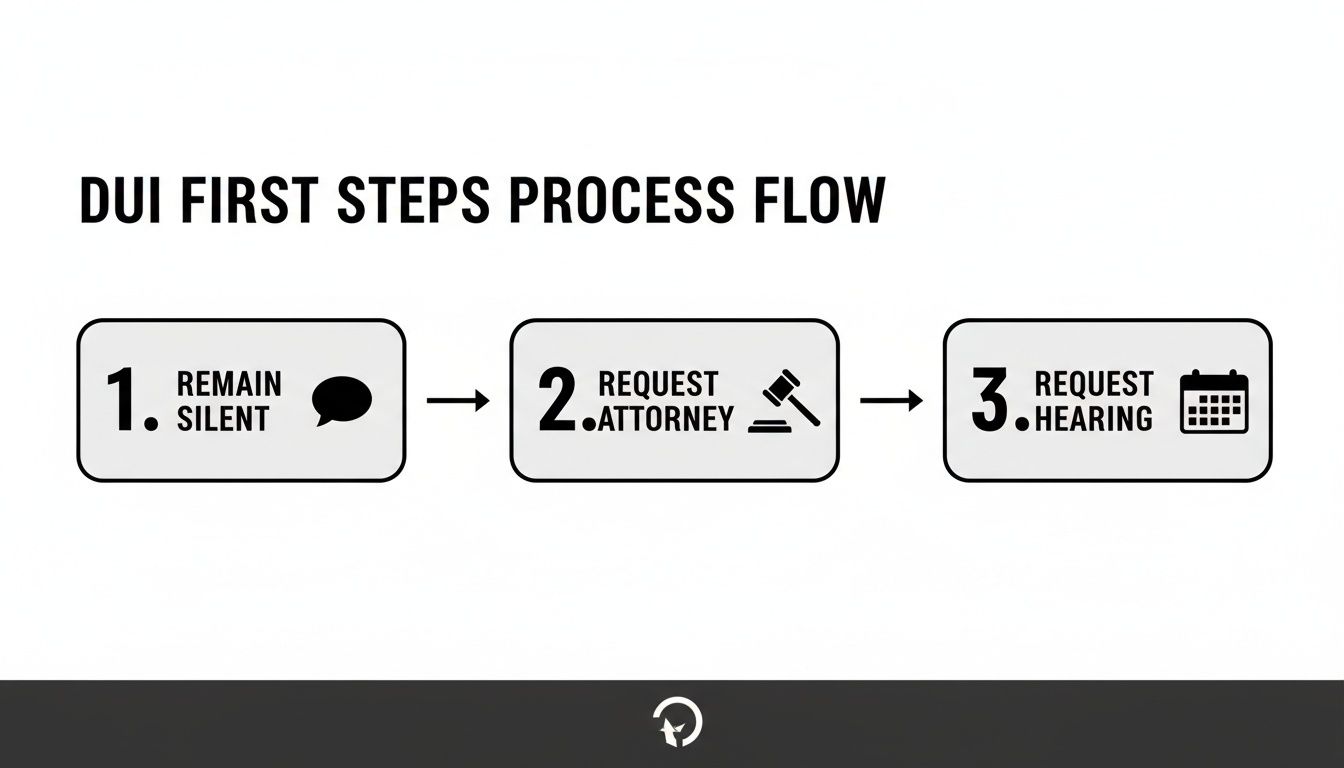 Flowchart showing DUI first steps: 1. Remain Silent, 2. Request Attorney, 3. Request Hearing.