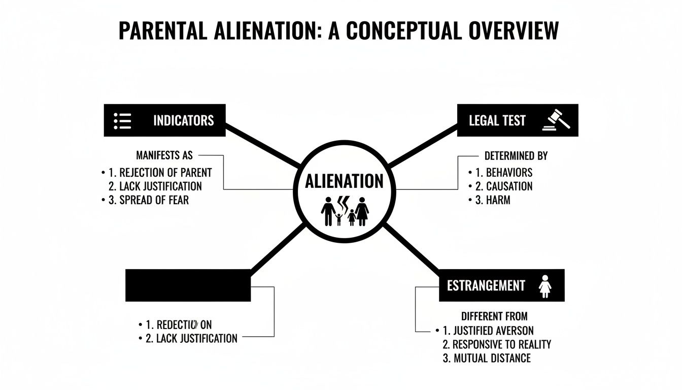 Parental alienation conceptual overview diagram illustrating indicators, legal tests, and distinctions from justified estrangement, emphasizing rejection, lack of justification, and harm.