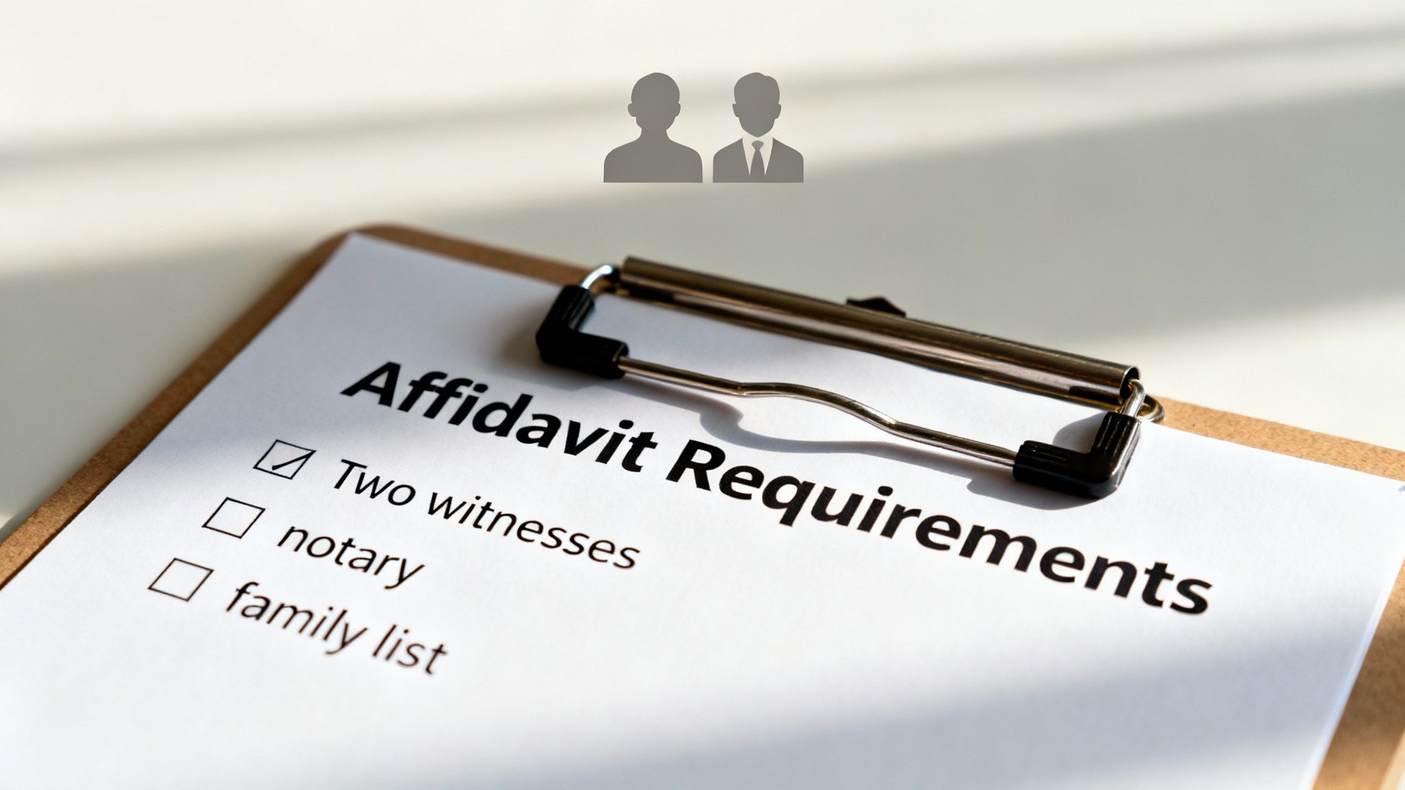 Affidavit requirements checklist on a clipboard, highlighting two witnesses, notary, and family list, emphasizing legal documentation for property transfer in Texas.
