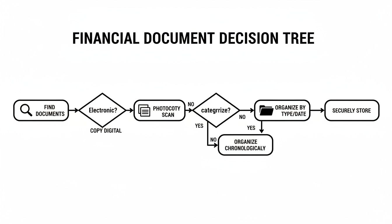 A financial document decision tree flowchart illustrating steps to find, categorize, organize, and securely store financial records.