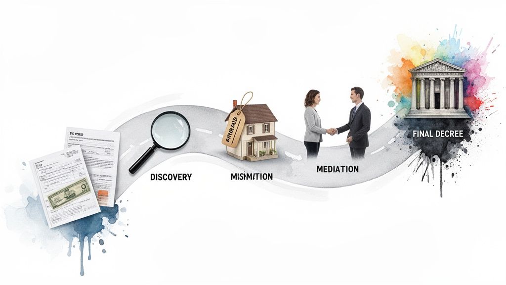 A visual timeline of the divorce property division process, showing discovery, property appraisal, mediation, and a final decree.