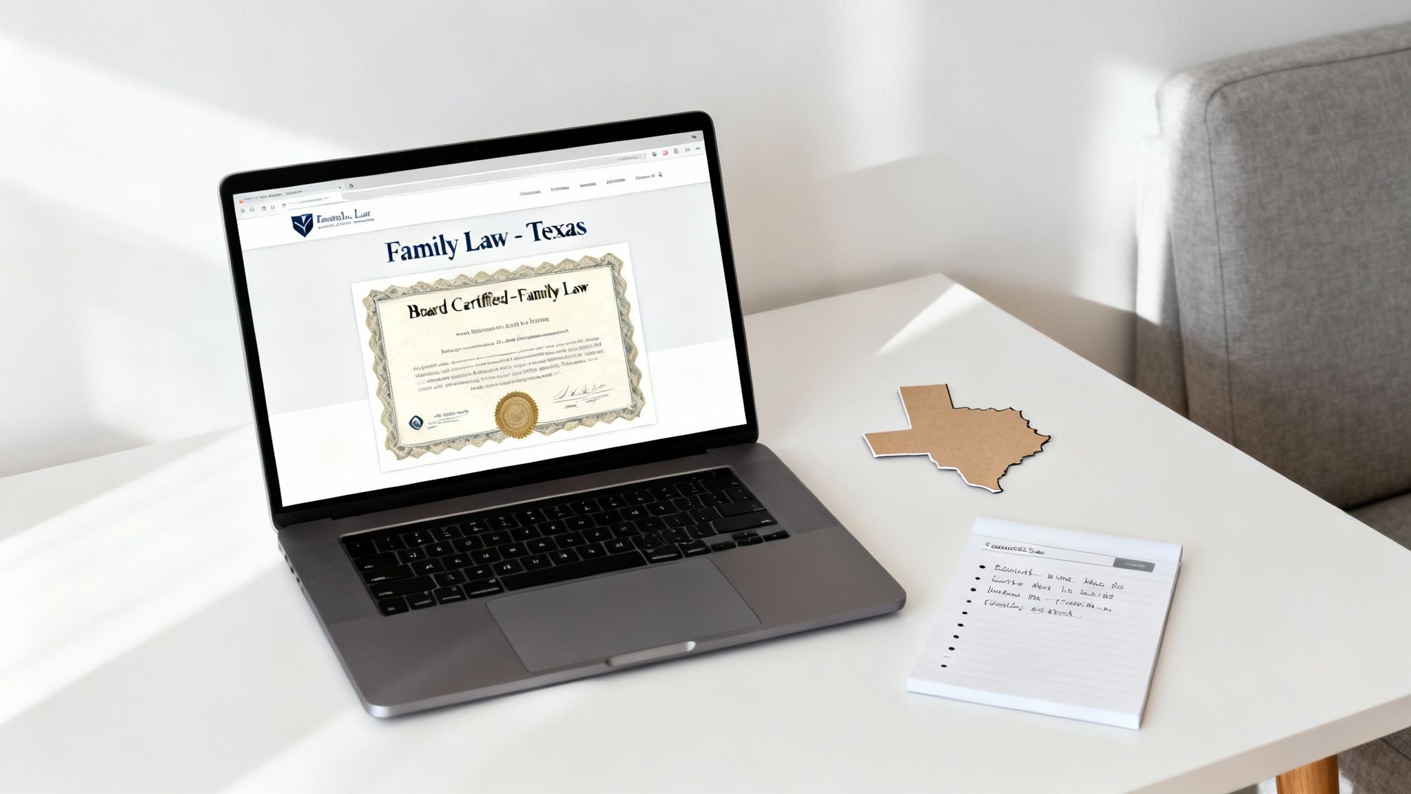 A laptop displays a family law website with a certificate, a Texas cutout, and a notepad on a white desk.