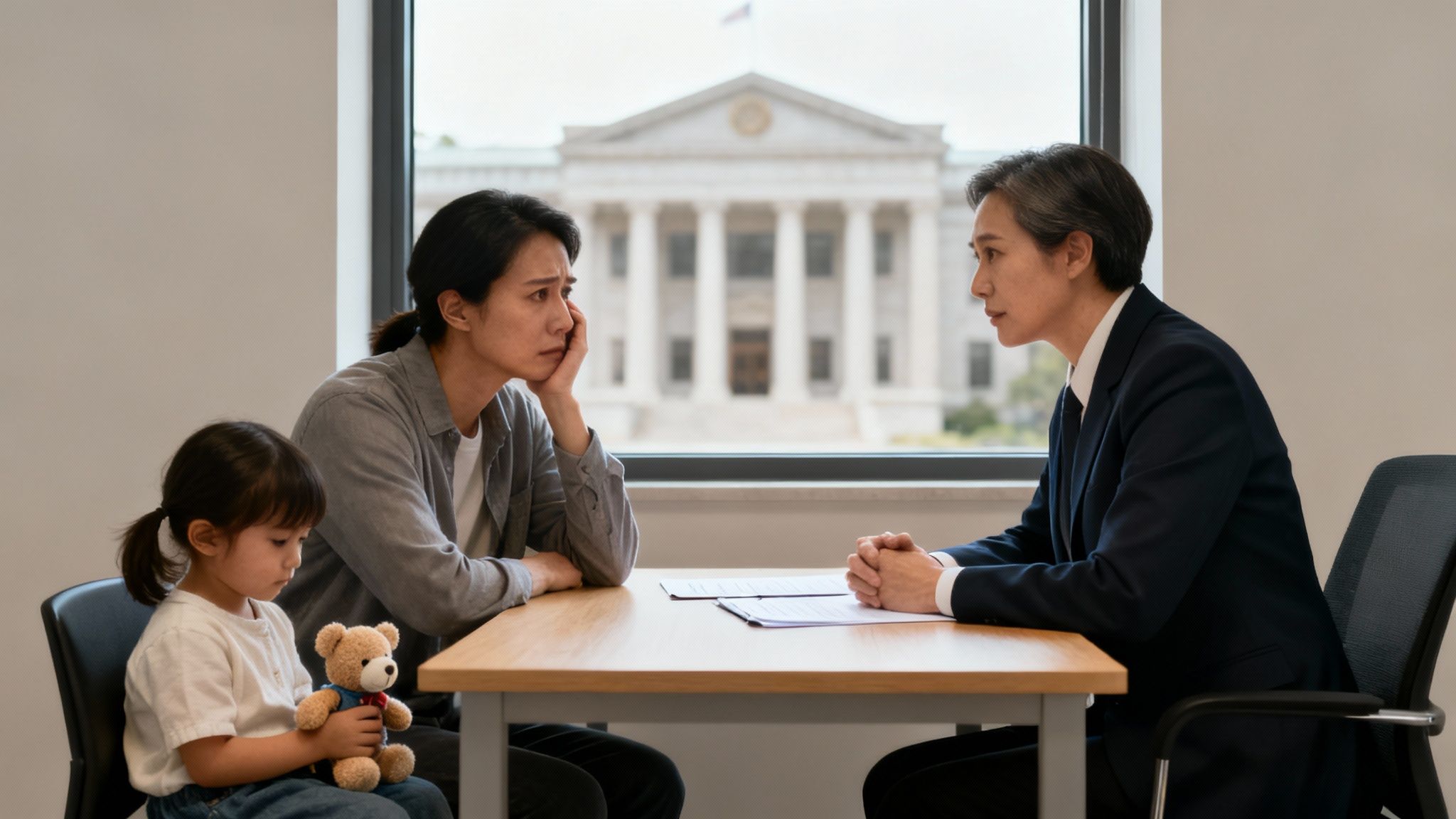 A lawyer consults with a worried mother and her child, in a room overlooking a courthouse.