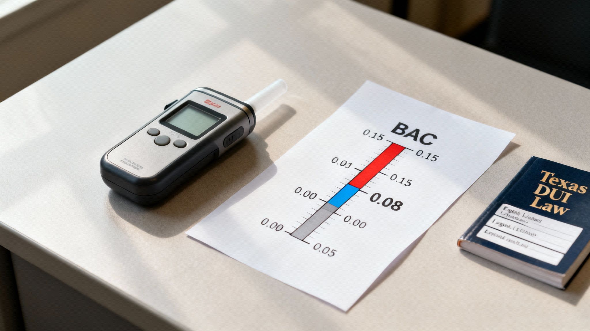 A breathalyzer device, BAC chart, and 'Texas DUI Law' book on a table.