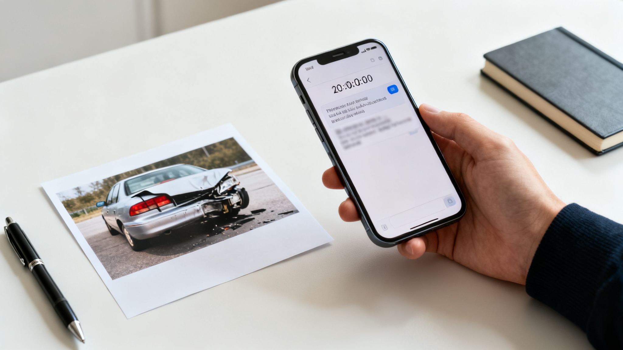 A hand holds a smartphone displaying a message, next to a printed photo of a crashed car.