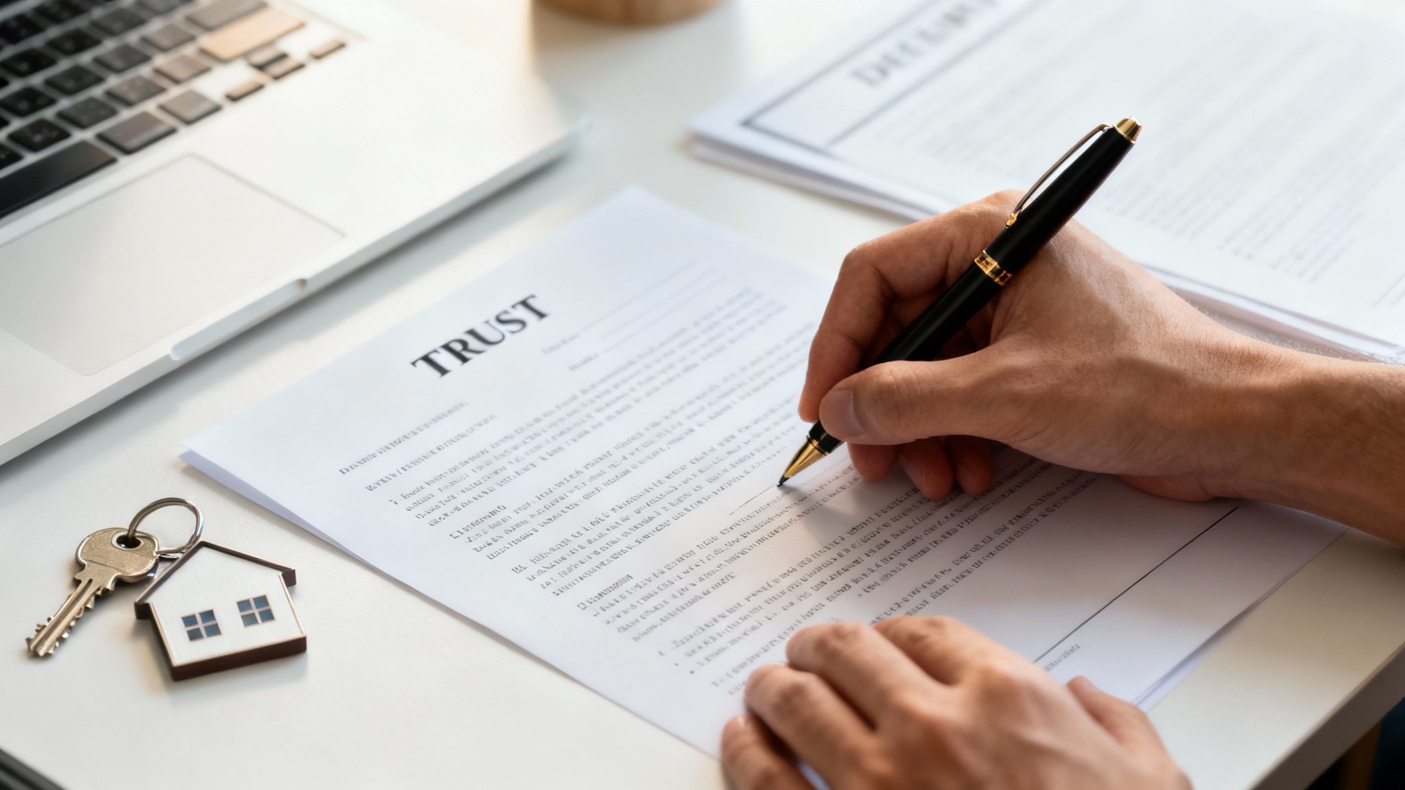 Person signing a trust document with a pen, keys with a house keychain and a laptop in the background, symbolizing estate planning and trust management.