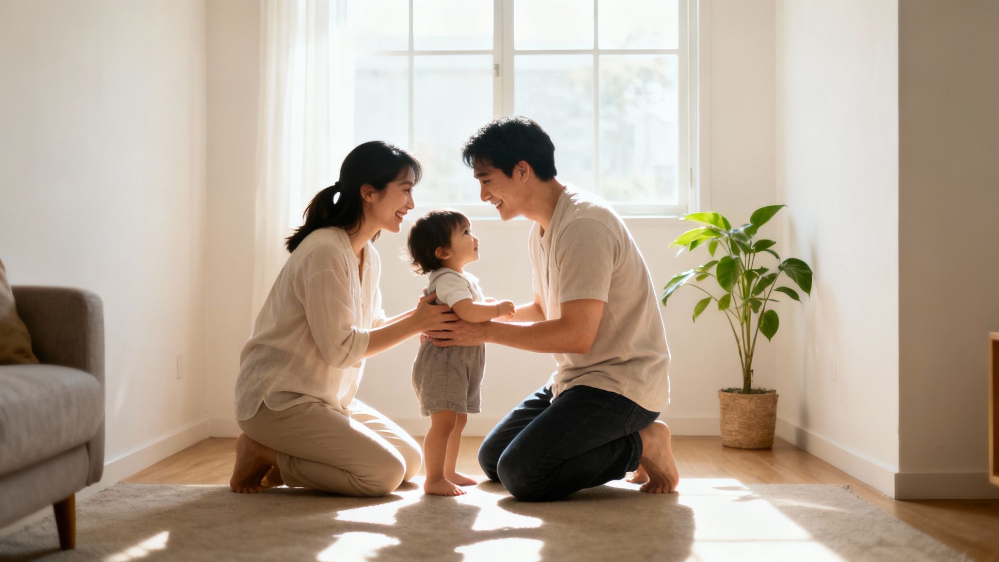 Happy Asian parents kneeling, holding their standing toddler in a bright, sunlit living room.