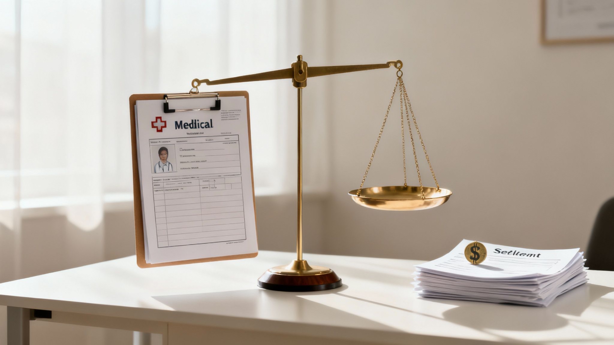 A brass justice scale balances a medical chart against settlement papers and a dollar coin.