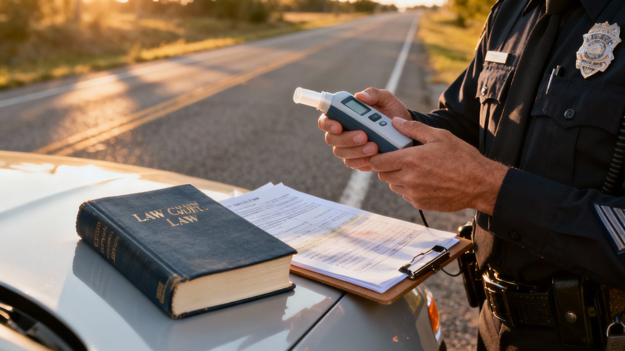 A police officer administering a breathalyzer test to a driver on the side of the road at night.