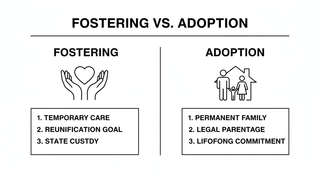 An infographic comparing fostering and adoption, showing key differences like temporary vs. permanent care.