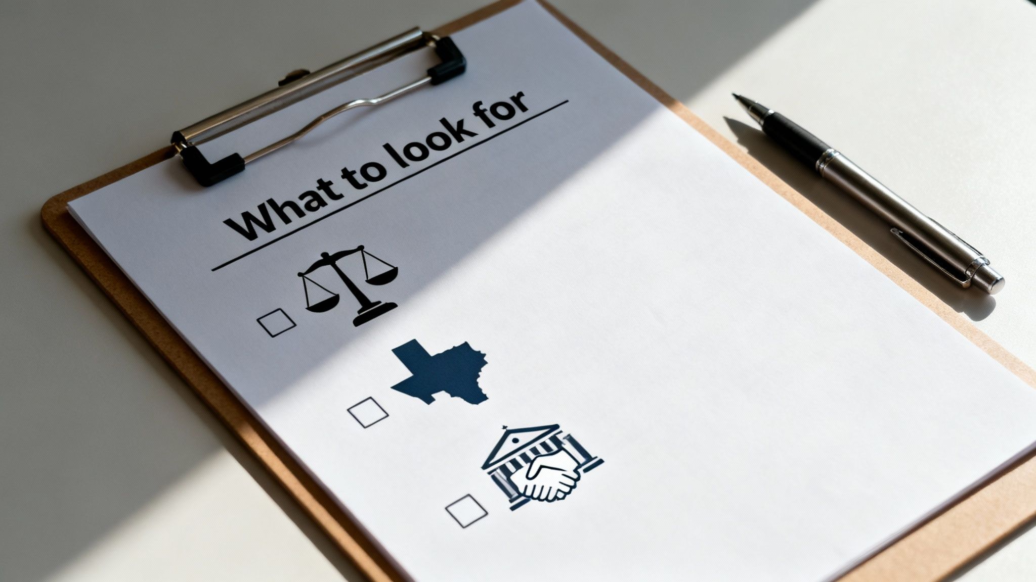 Checklist titled "What to look for" featuring scales of justice, Texas outline, and handshake icons, emphasizing key considerations for selecting an estate planning attorney in Texas.