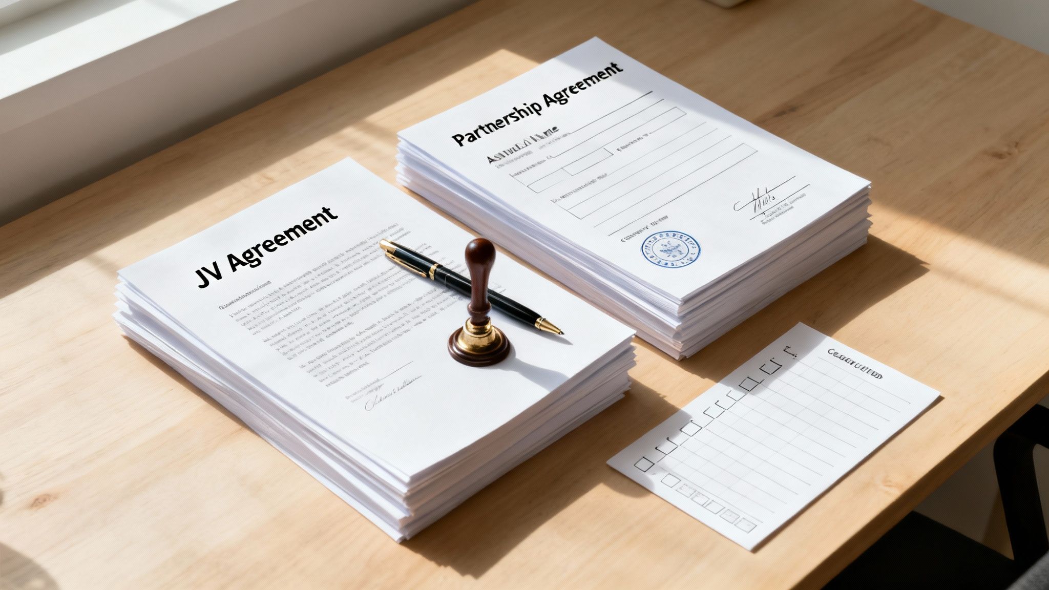 JV and Partnership agreements on a wooden desk with a pen and a gavel, relevant to legal guidance on business structures in Kingwood, Texas.