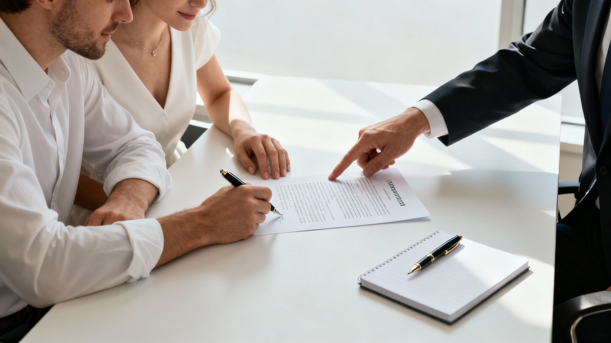 A couple sits at a desk while a man signs a contract, guided by an agent's pointing finger.