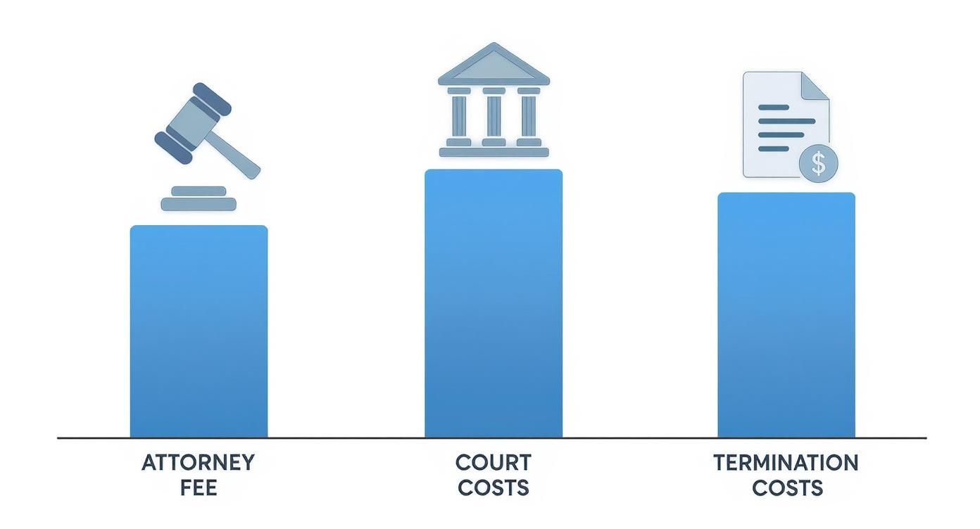Bar chart comparing attorney fee, court costs, and termination costs, showing court costs as the highest.