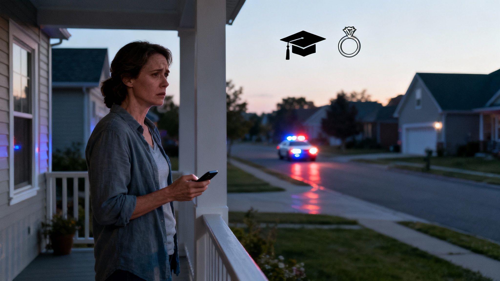 Worried woman holding phone on porch with police car approaching at dusk