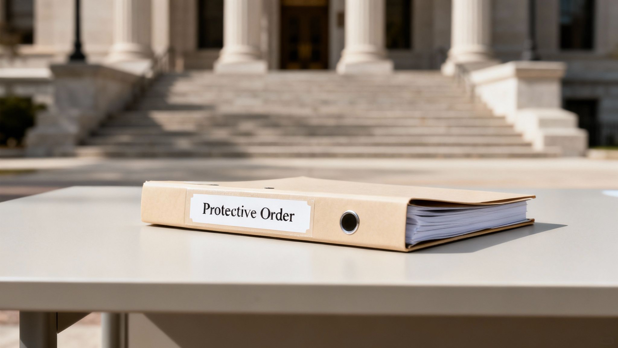 A "Protective Order" binder rests on a table, with a courthouse building in the background.