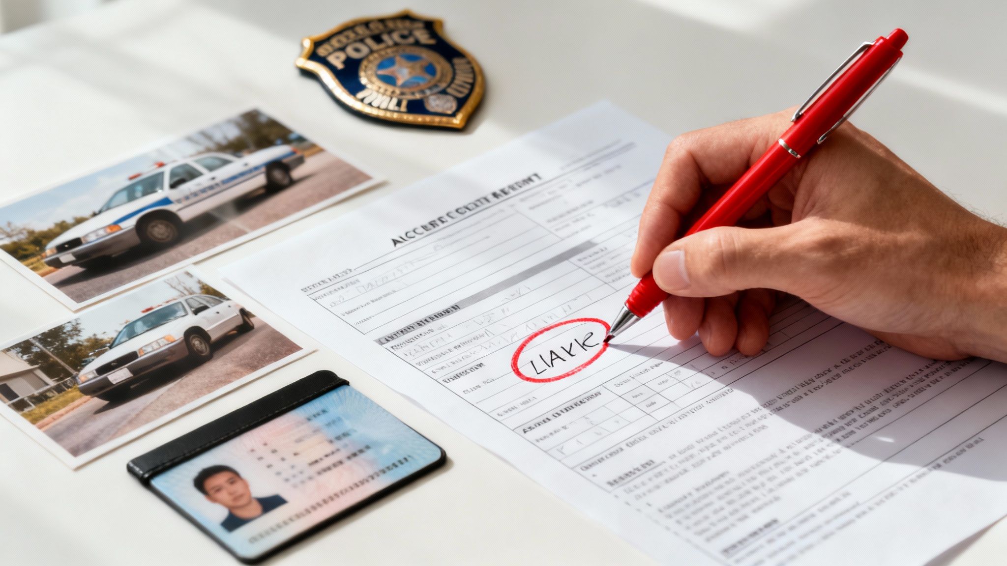 A hand fills out a police accident report with a red pen, alongside car photos, a badge, and an ID.