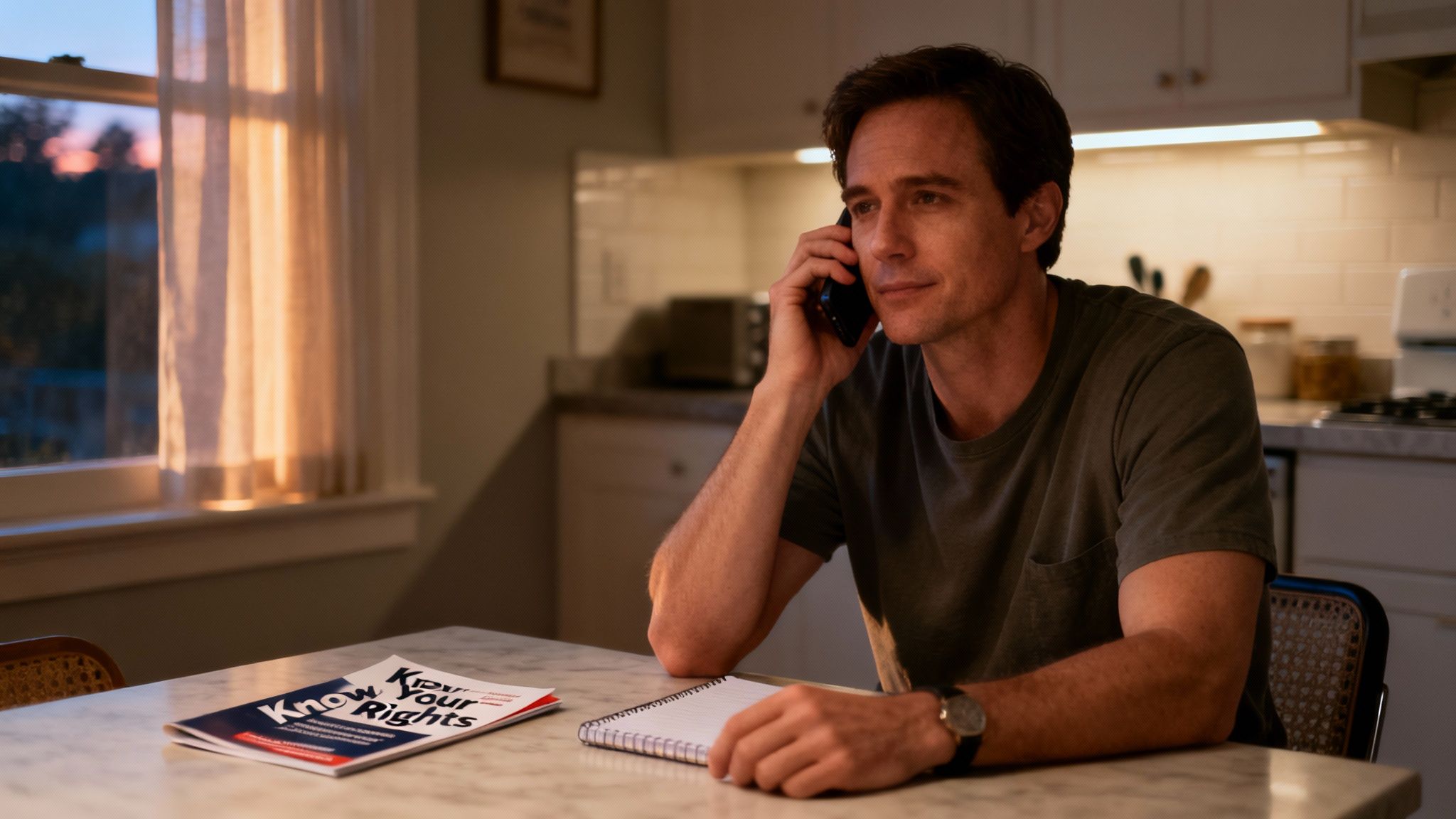 Man on phone, sitting at a kitchen table with a 'Know Your Rights' booklet and notebook.