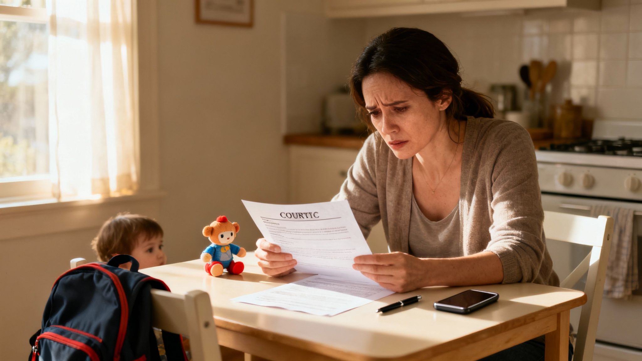 A worried mother reads a legal document at a kitchen table with her child nearby.