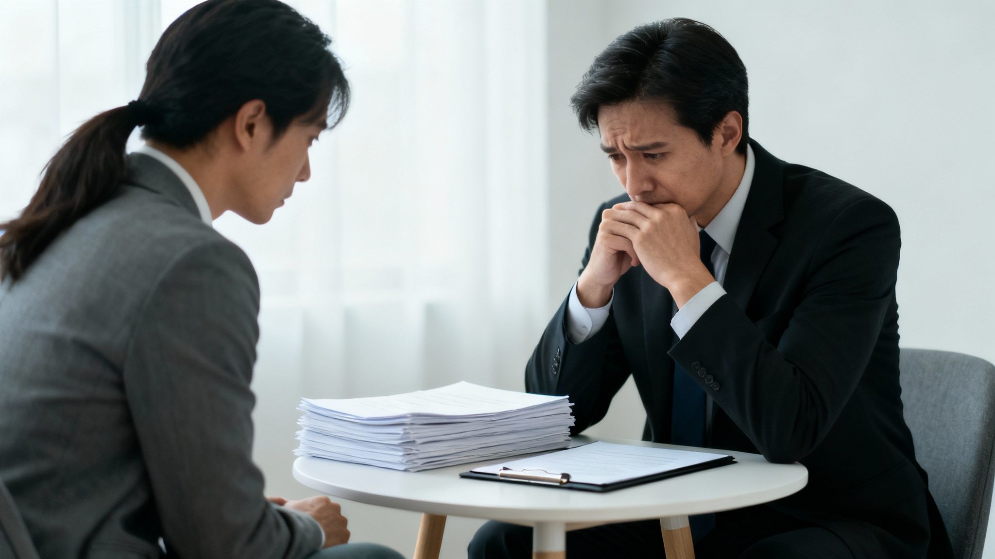 Two men in suits at a table with a large stack of papers, one looking deeply stressed.