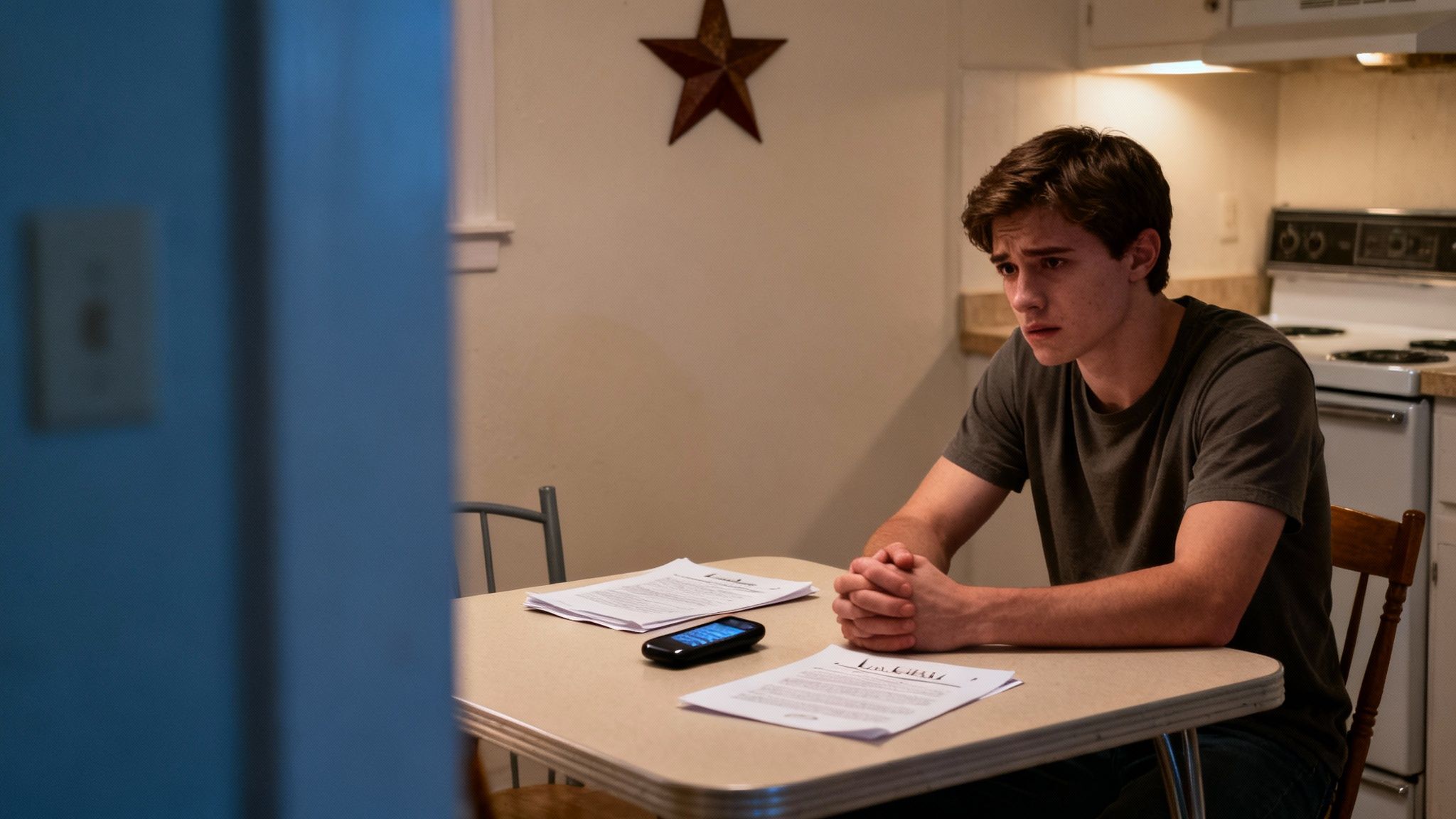 Worried young man sitting at a table with legal documents and a smartphone, reflecting anxiety about burglary of a habitation charges in Texas.