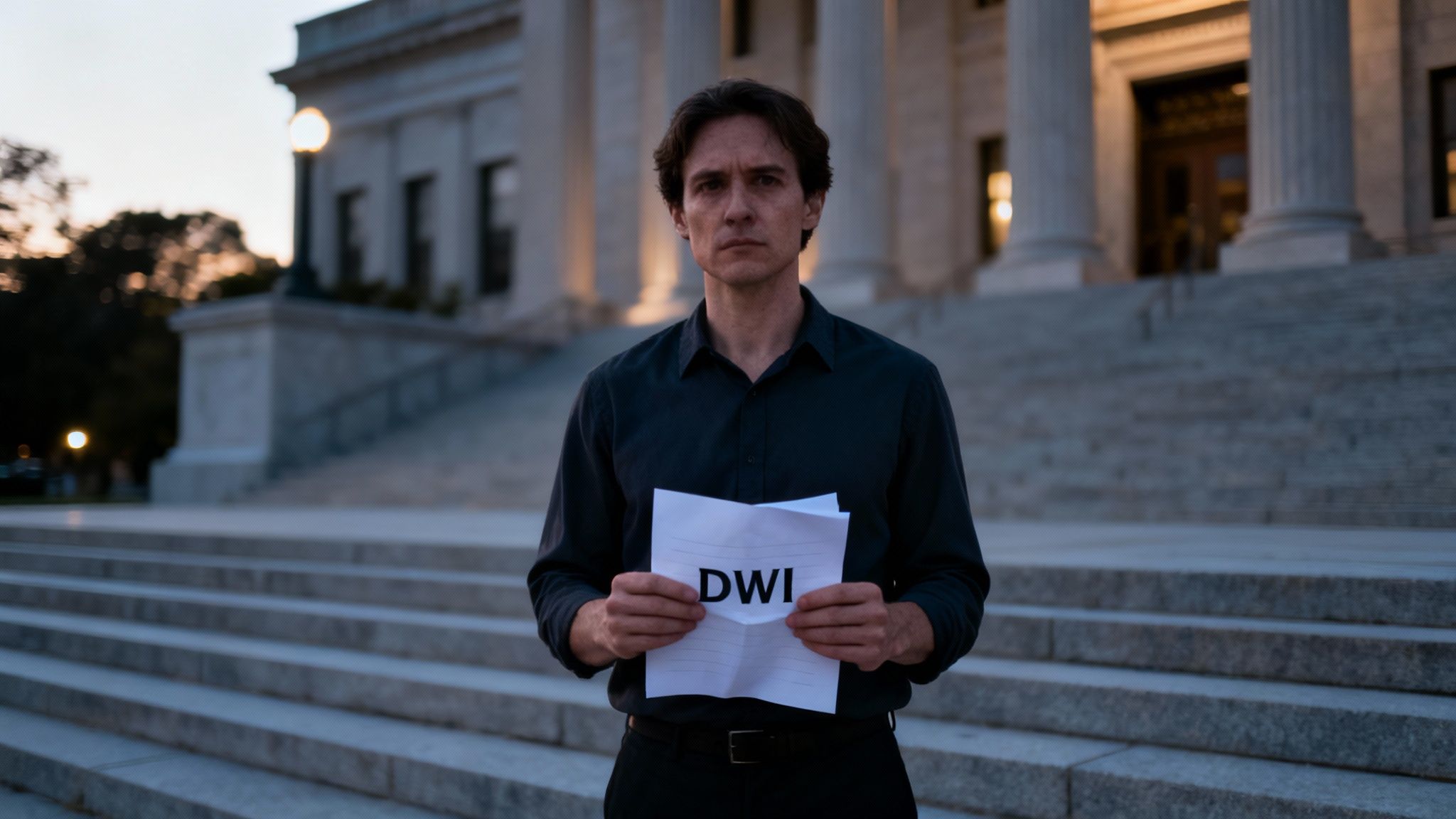 Man holding a paper with "DWI" text, standing on courthouse steps, conveying the seriousness of a third DWI offense in Texas.