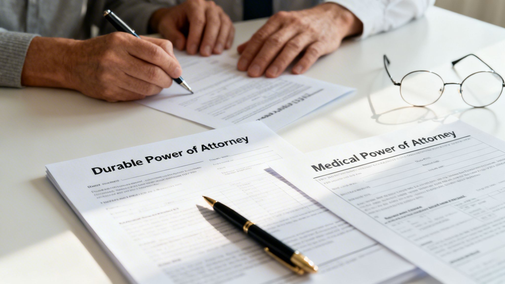 Hands signing a Durable Power of Attorney document, with a Medical Power of Attorney visible on a white table.