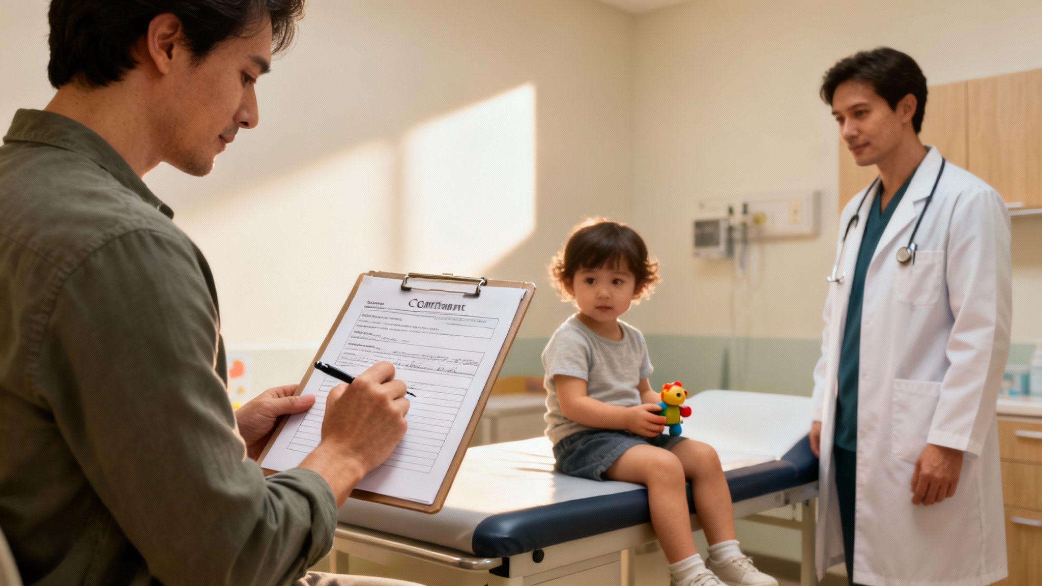 Father fills out paperwork for his child at a doctor's office, with a doctor present.