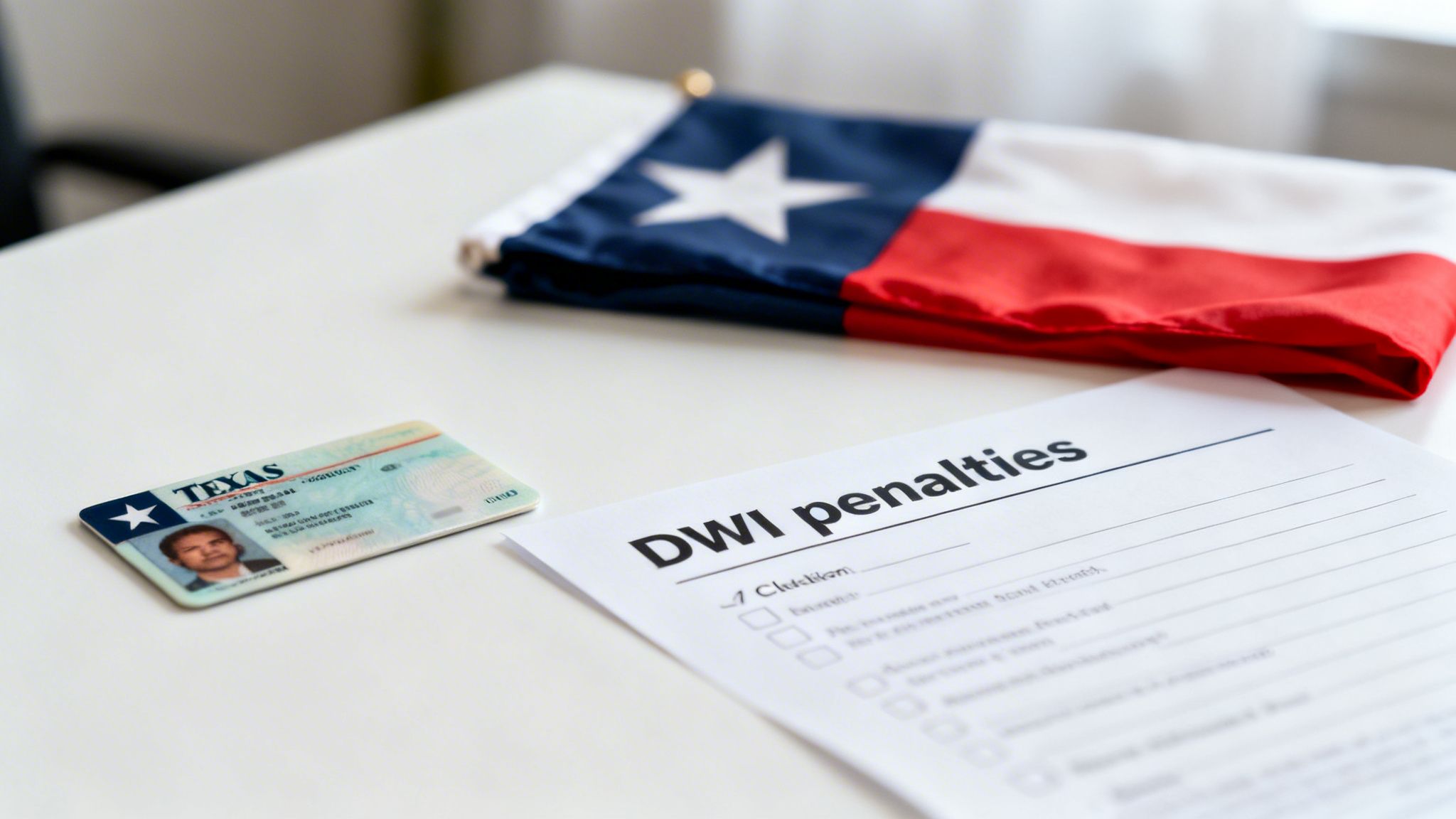 A Texas driver's license, a document titled 'DWI penalties,' and a Texas flag on a white table.