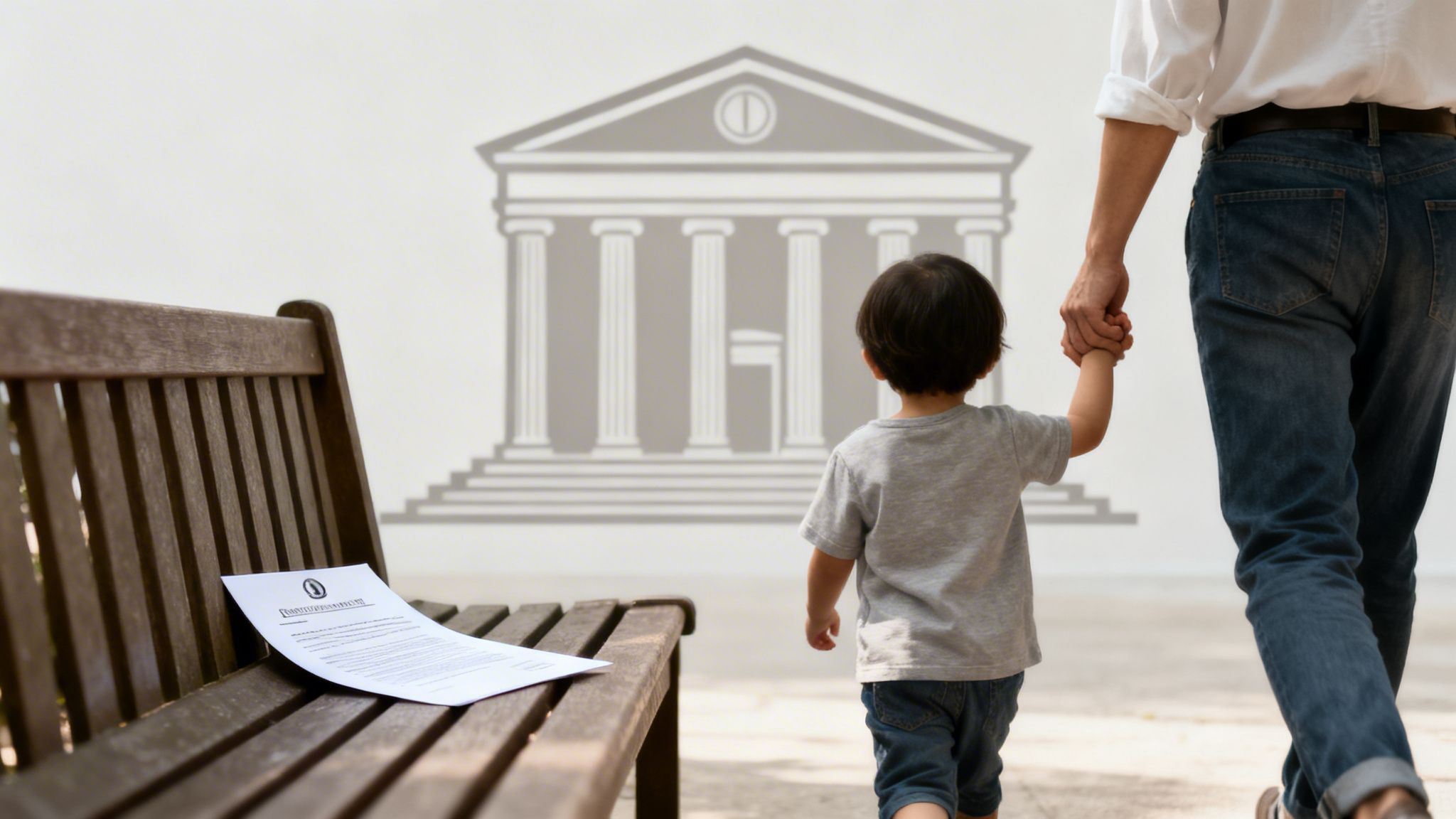 A father and child walk hand-in-hand towards a courthouse illustration, a legal document on a bench.