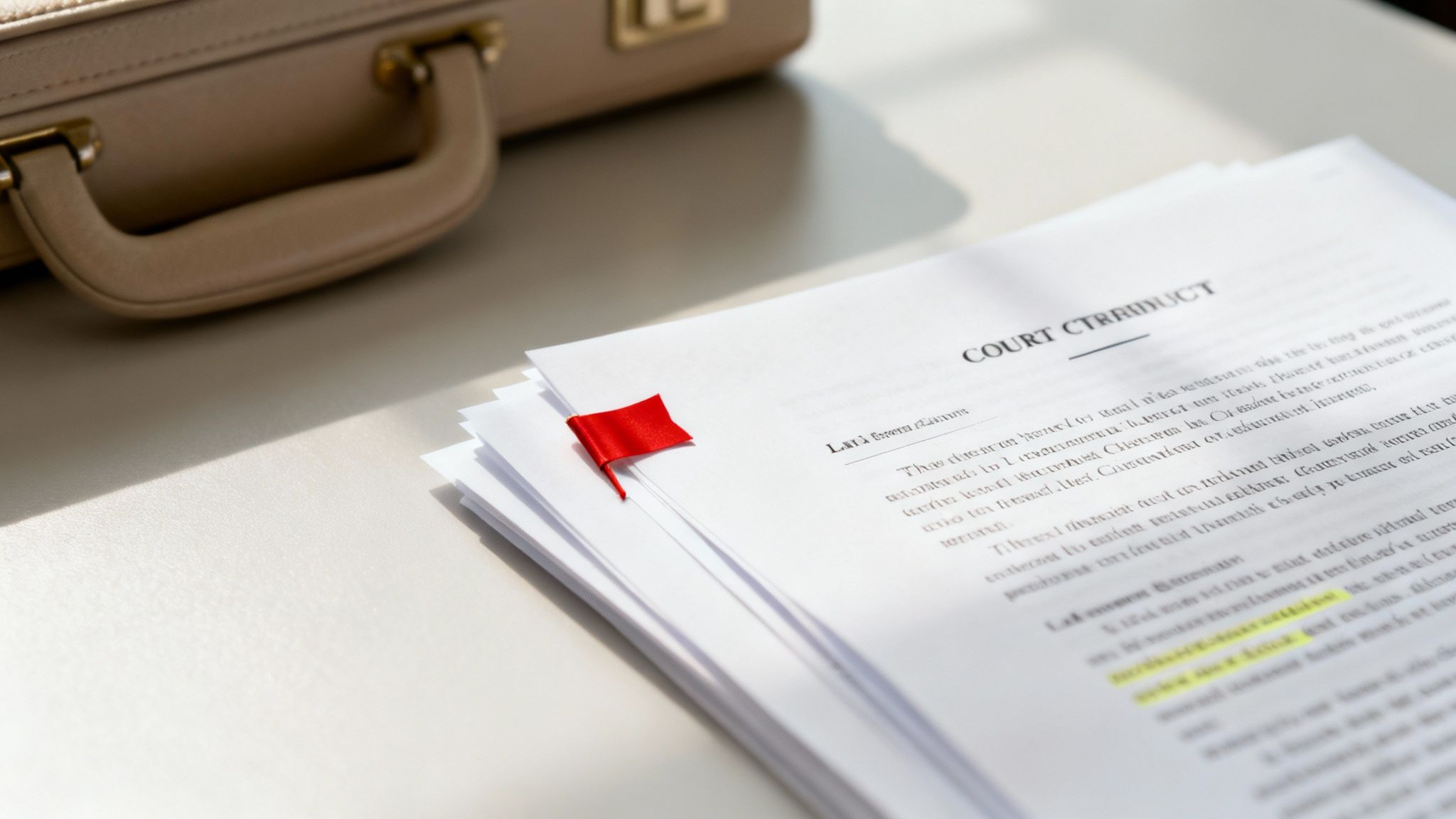 A stack of legal documents with a red flag bookmark on a desk, next to a briefcase.