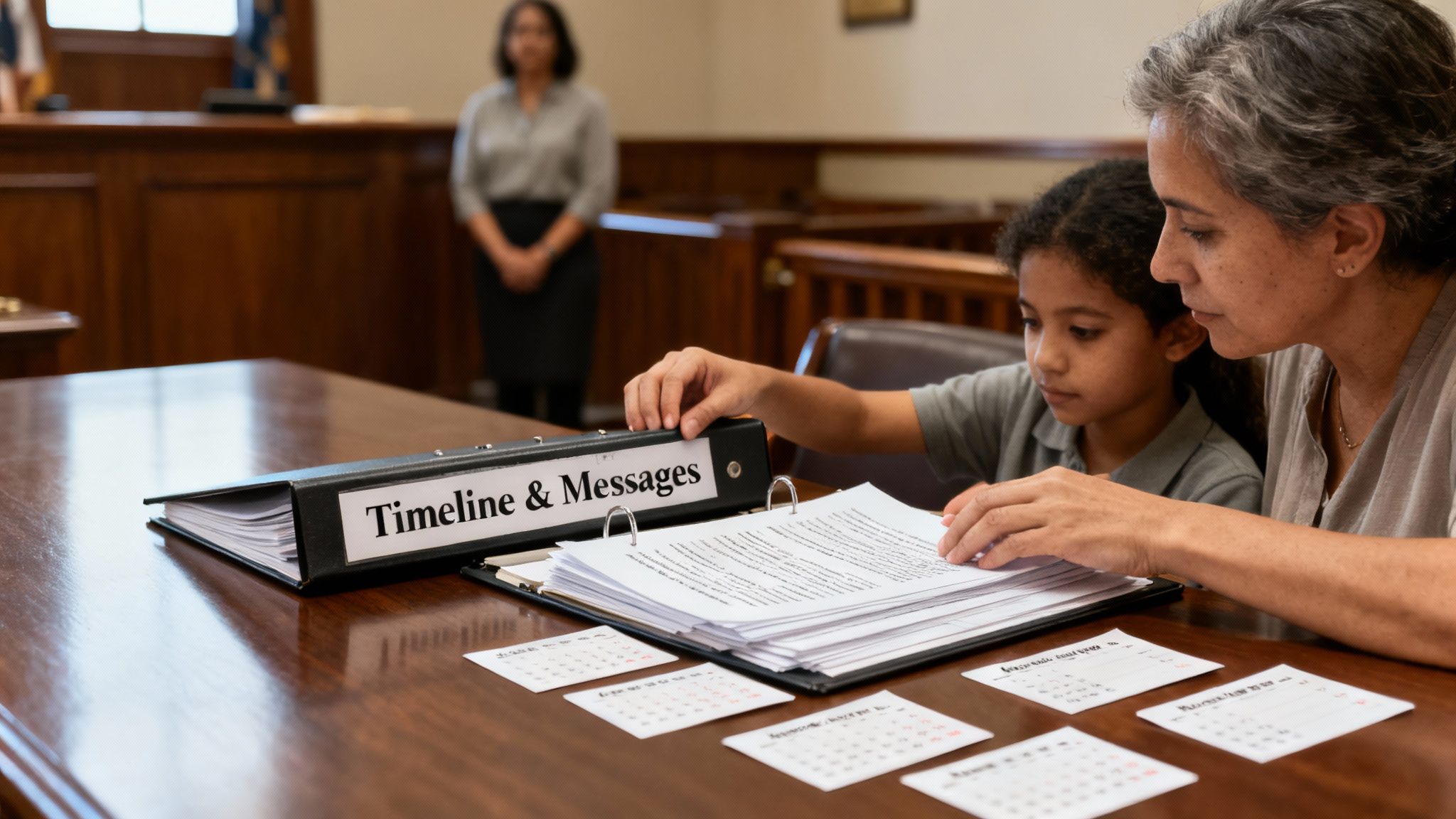 A woman and child review documents from a 'Timeline & Messages' binder in a courtroom setting.