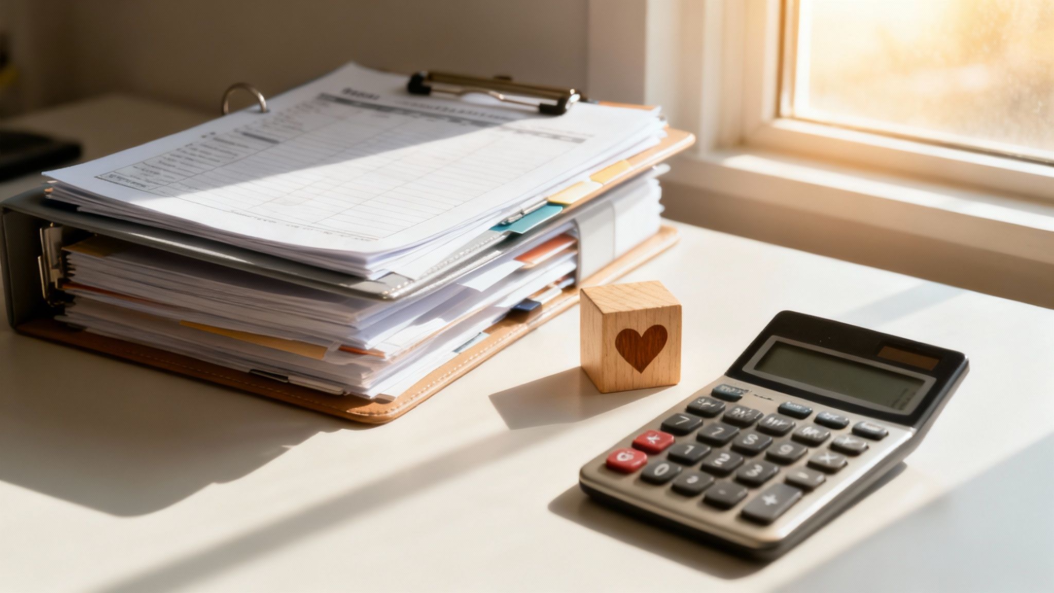 Calculator and organized paperwork stack on desk for adoption financial planning and documentation