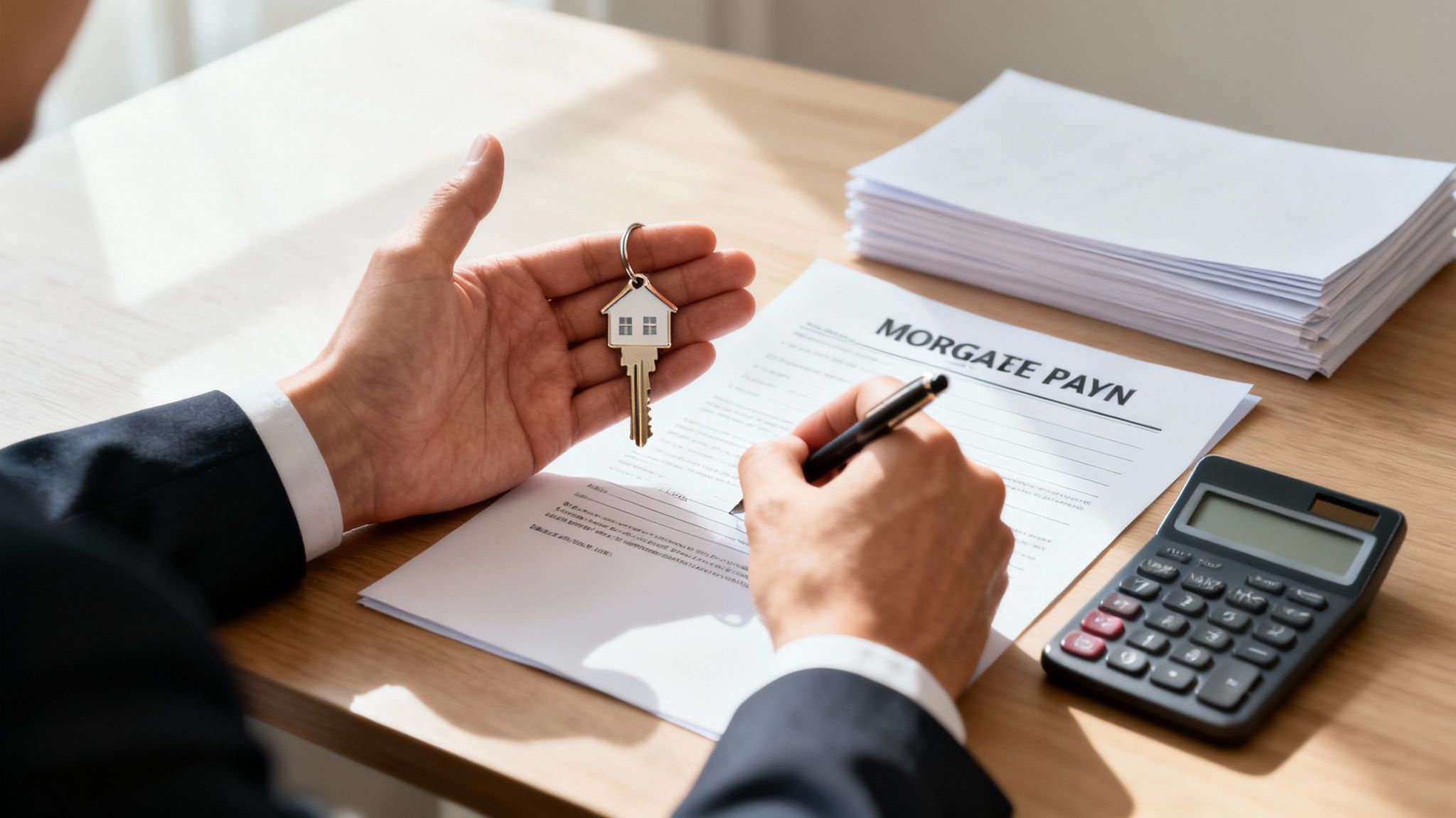 Close-up of hands signing mortgage papers and holding a house key on a desk.